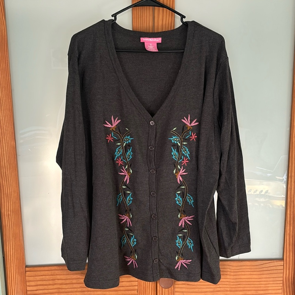 Gray embroidered button sweater